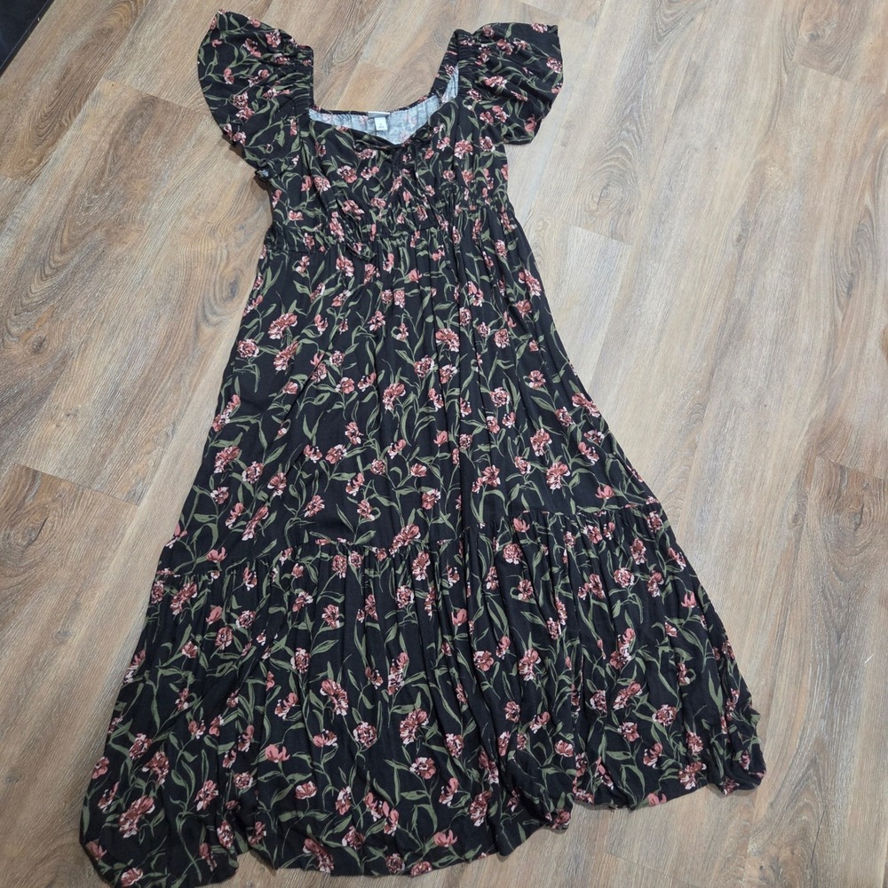 Ava & Viv Plus Size 1X Floral Smocked Maxi Dress BlackPink Flutter Sleeve Tiered
